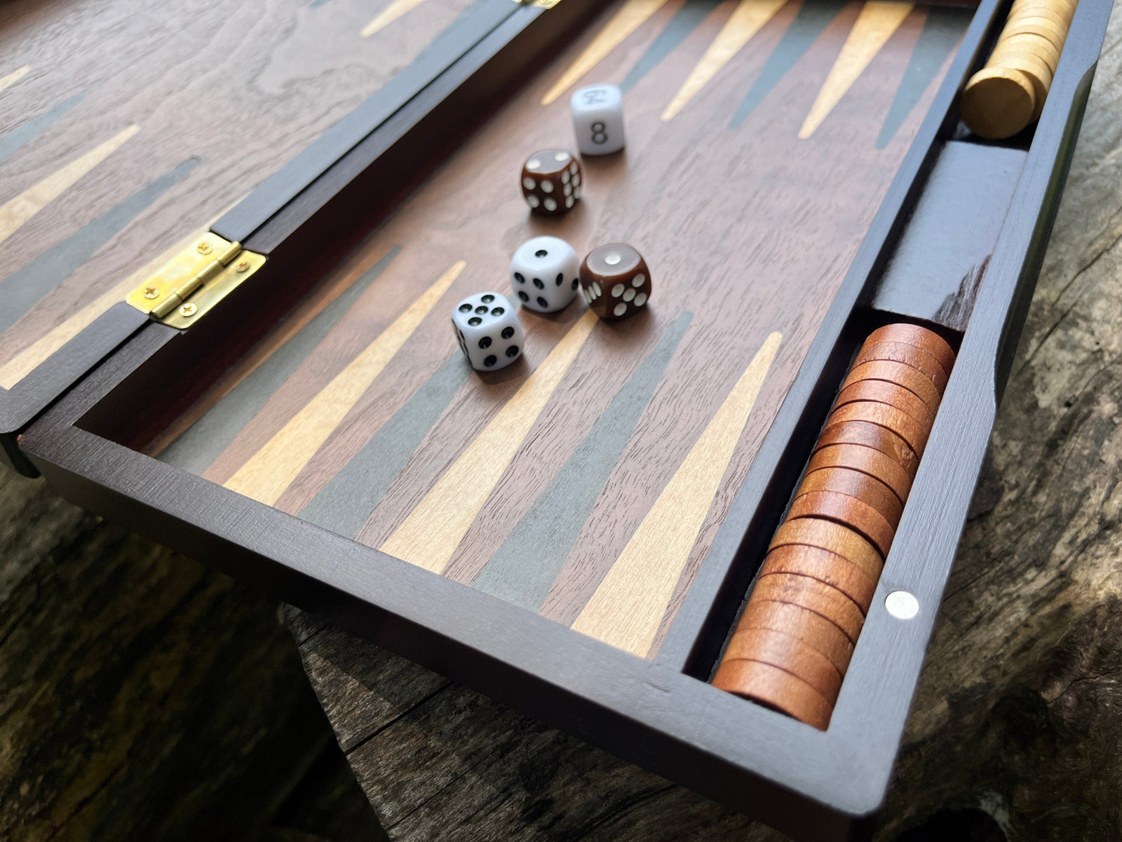 Closeup interior view of wooden backgammon set