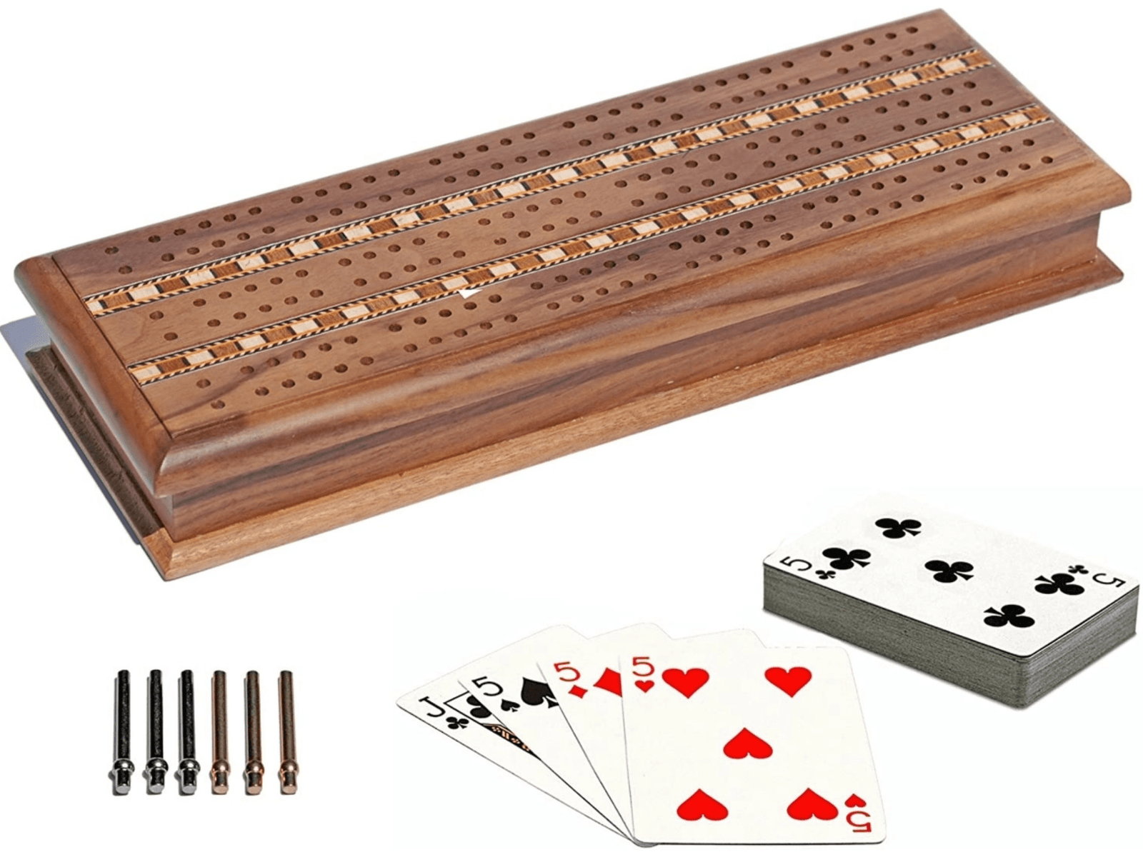 Detail of wooden cribbage board set shown with included items