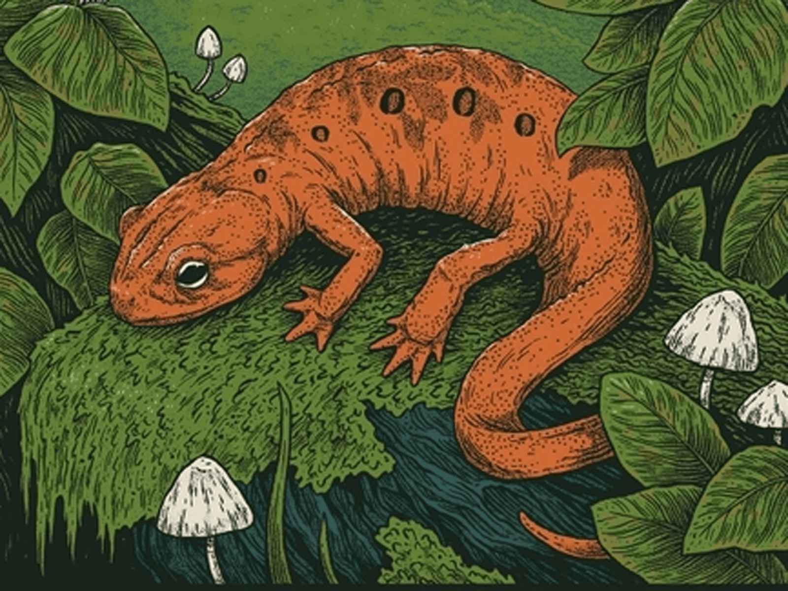 Detail of a screenprint of a red eft salamander on green foliage with white mushrooms