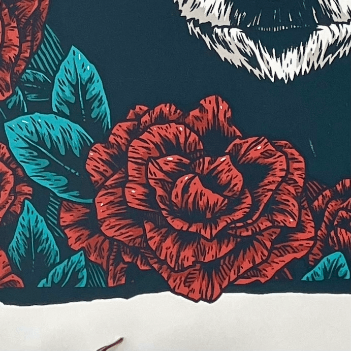 Closeup detail of roses on American Beauty black bear print