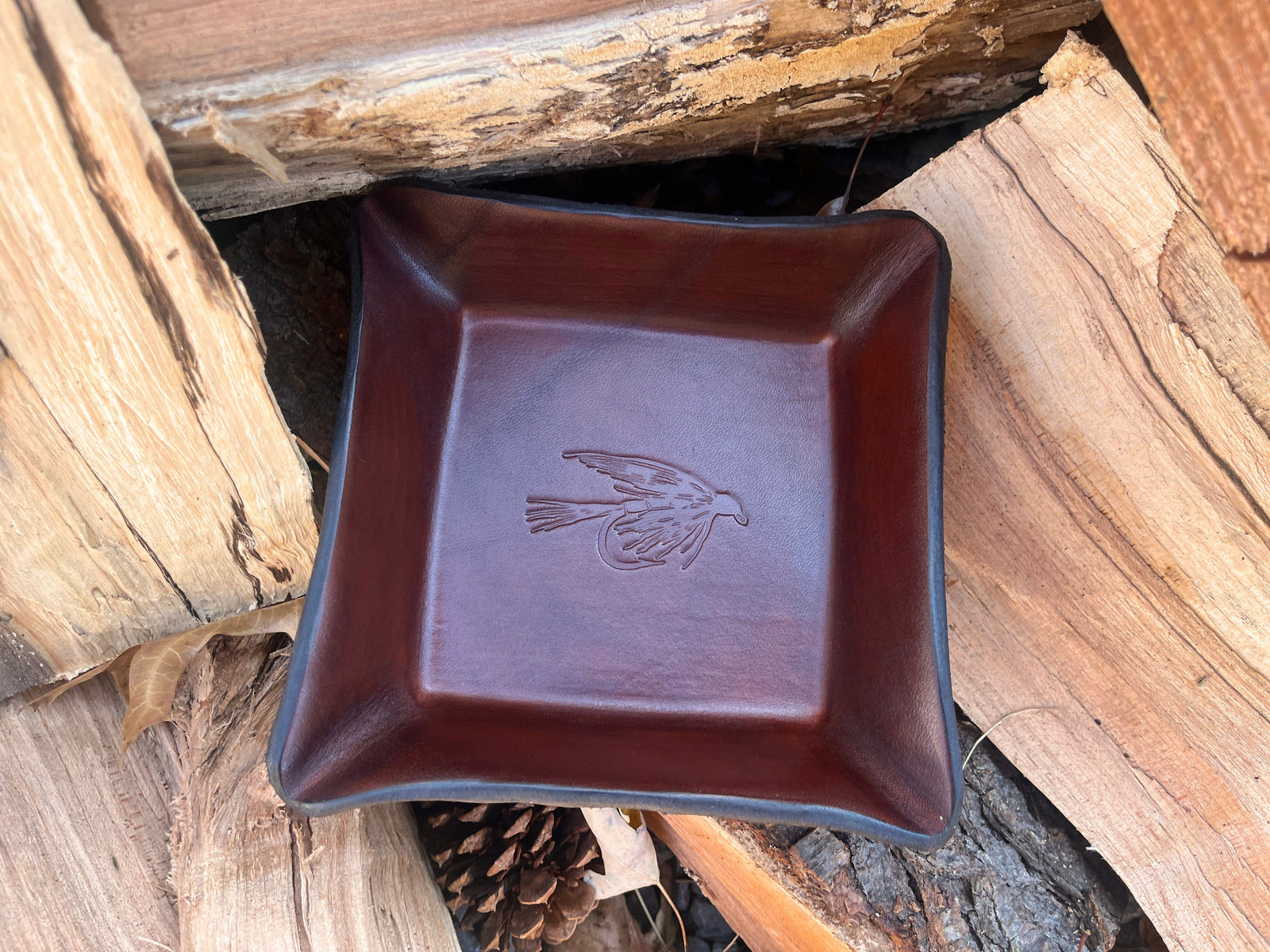 Fly fishing themed leather gift. Brown leather tray.