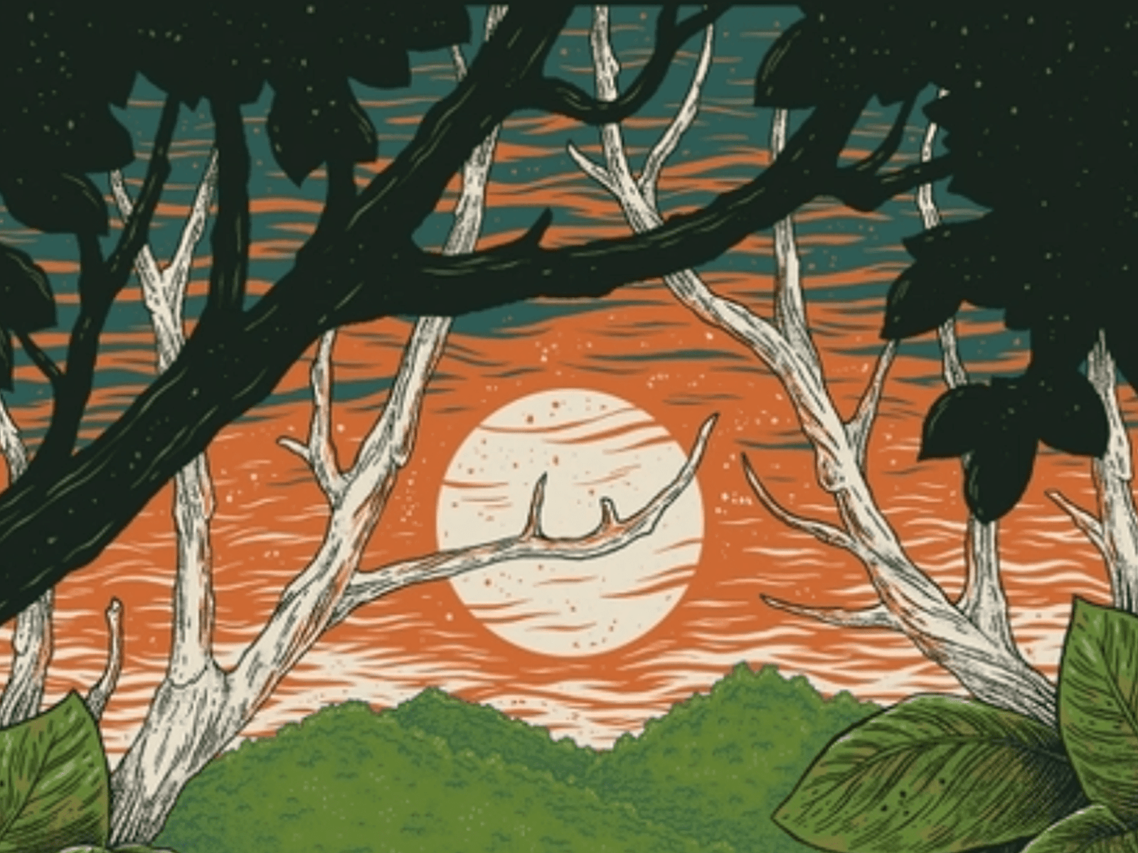 Full moon detail from Red Eft Sunset Screenprint by Logan Schmitt
