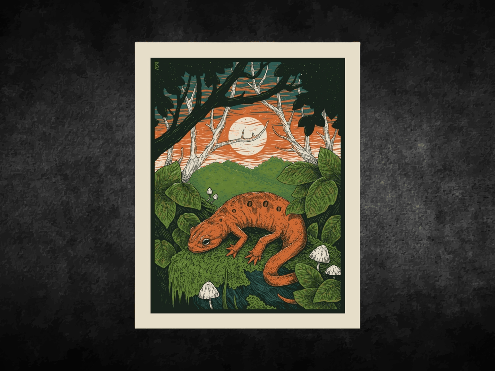 Illustration of a red salamander on green foliage with a moonlit sky in the background.