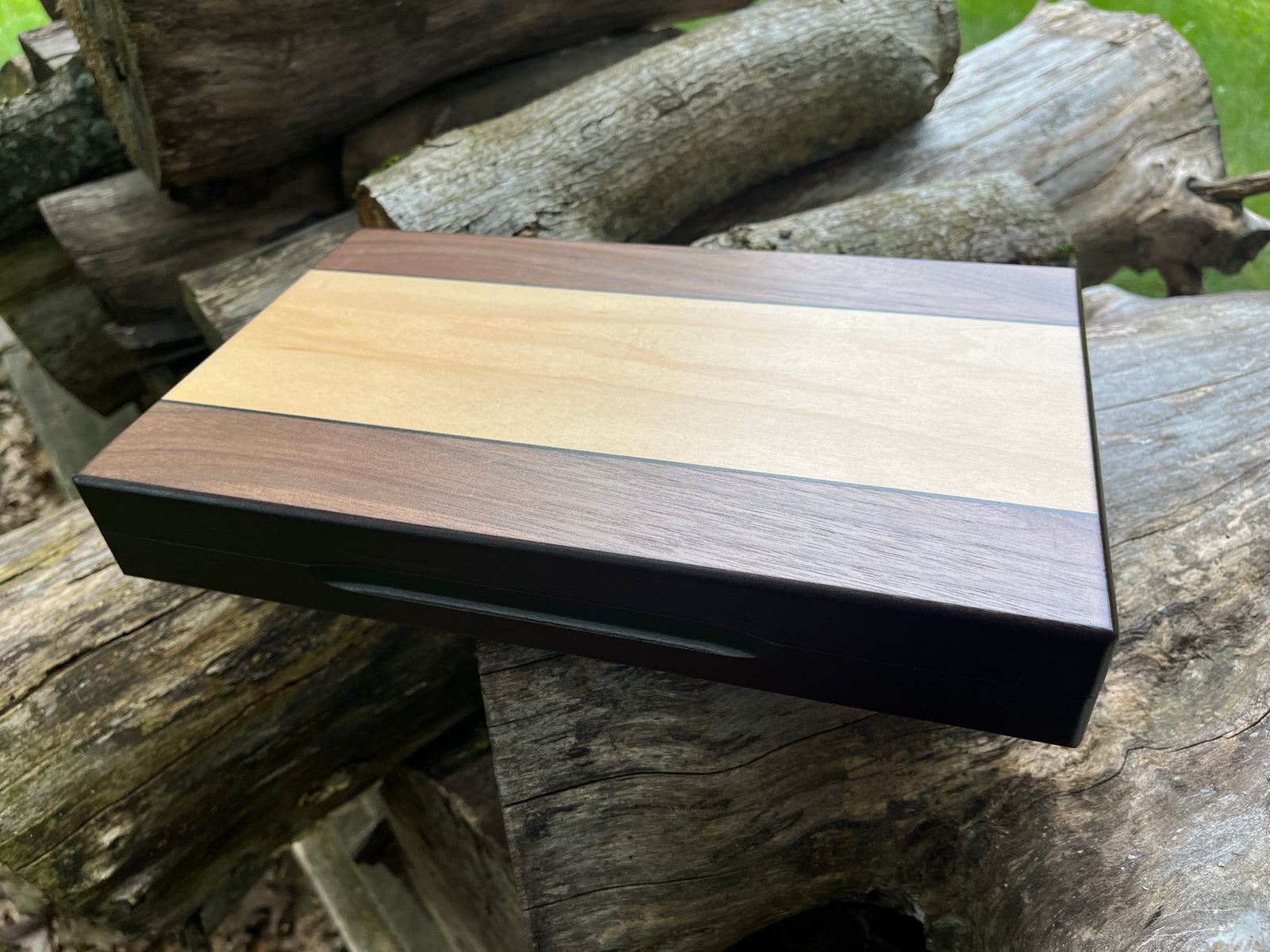 Closed exterior view of portable wooden backgammon set