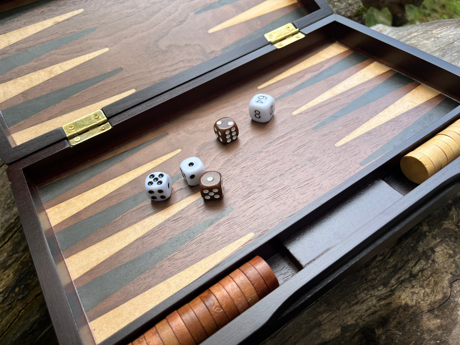 Inside view of solid wood backgammon set