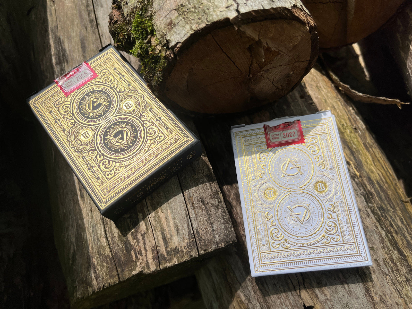 Black and White Artisan card decks side by side showing back of deck design