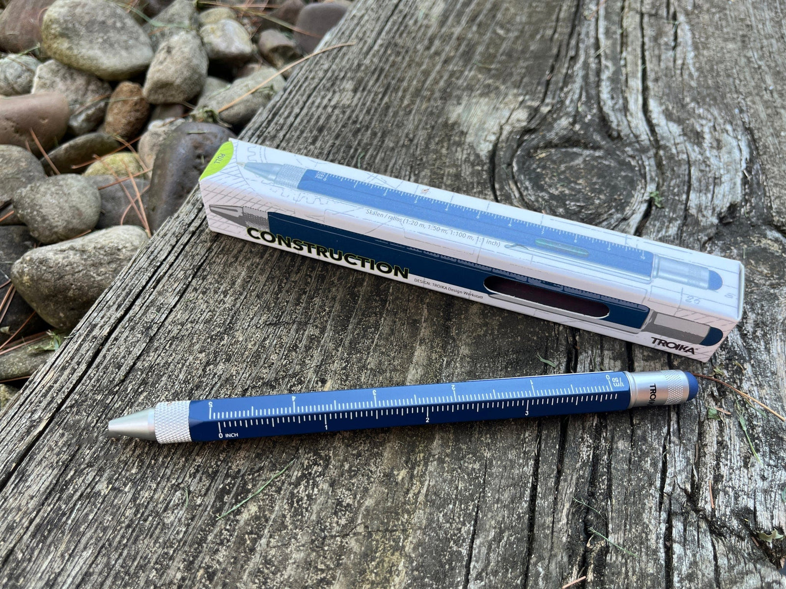 Troika construction tool pen in blue shown with product box