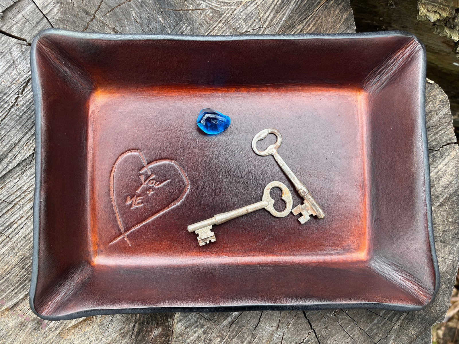 Rectangular leather valet tray for third anniversary. Timber brown