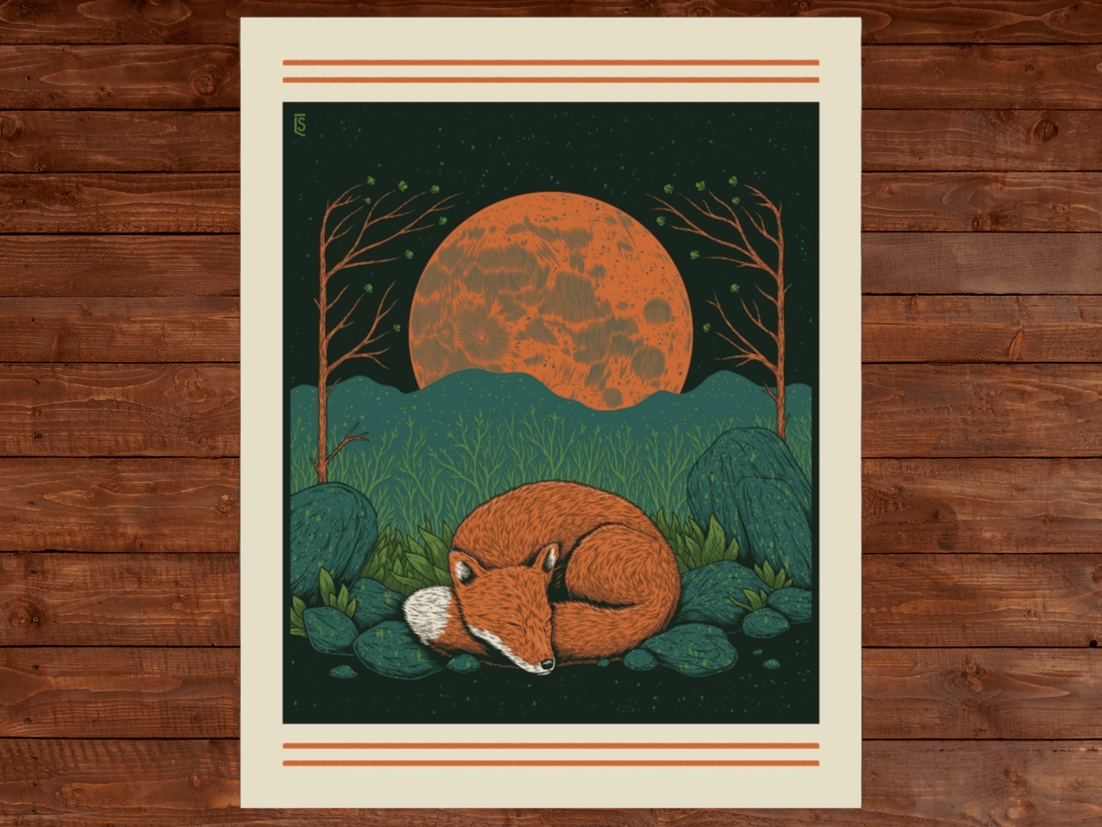 Screen-print of red fox sleeping in front of a full moon