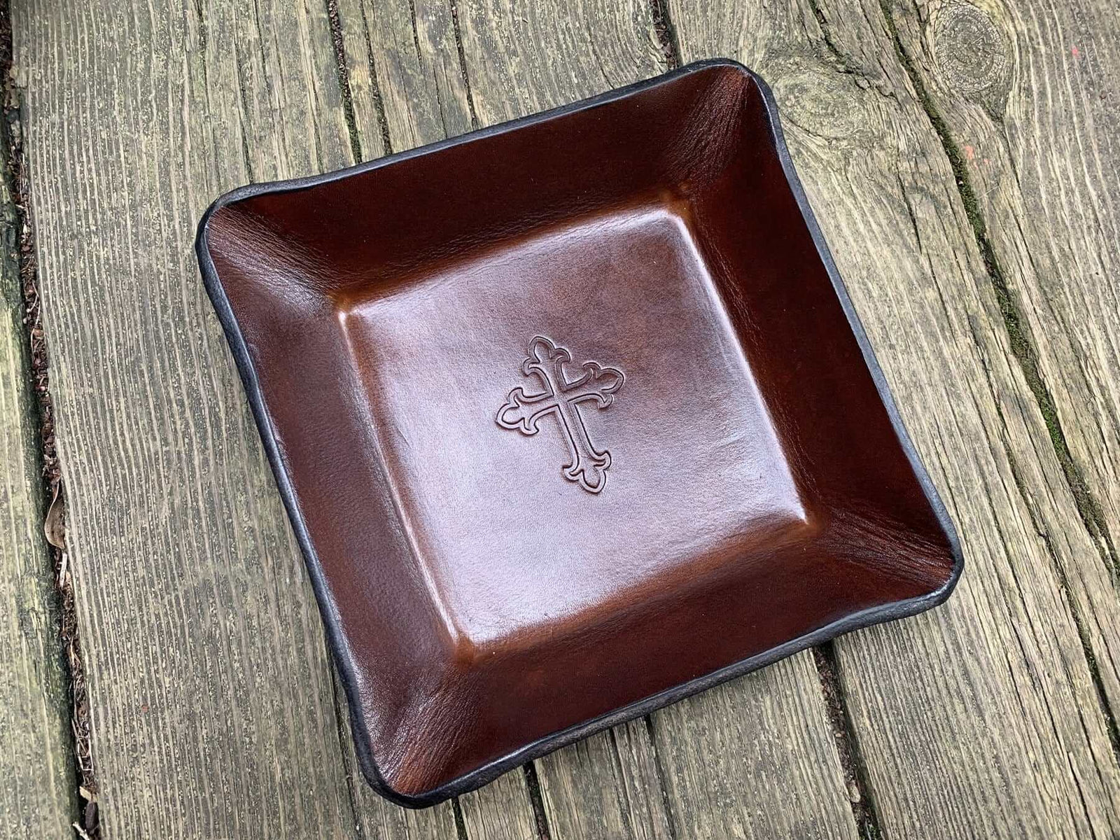 Leather Valet with Cross Motif. Christian Gift.