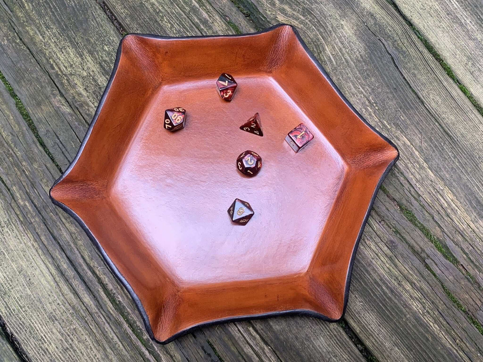 Leather dice tray for fantasy dice games.