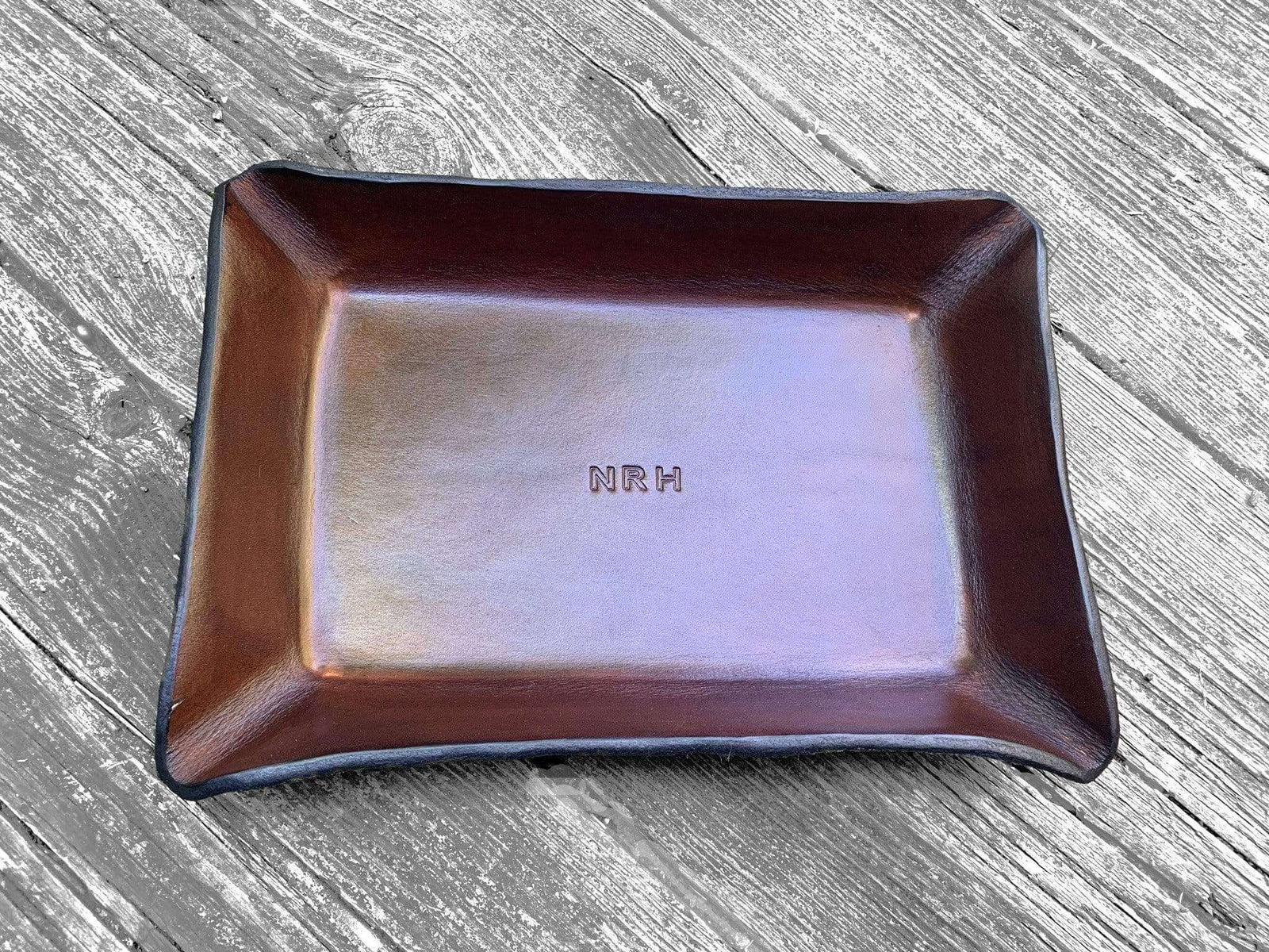 Leather tray for third anniversary gift. Monogrammed.