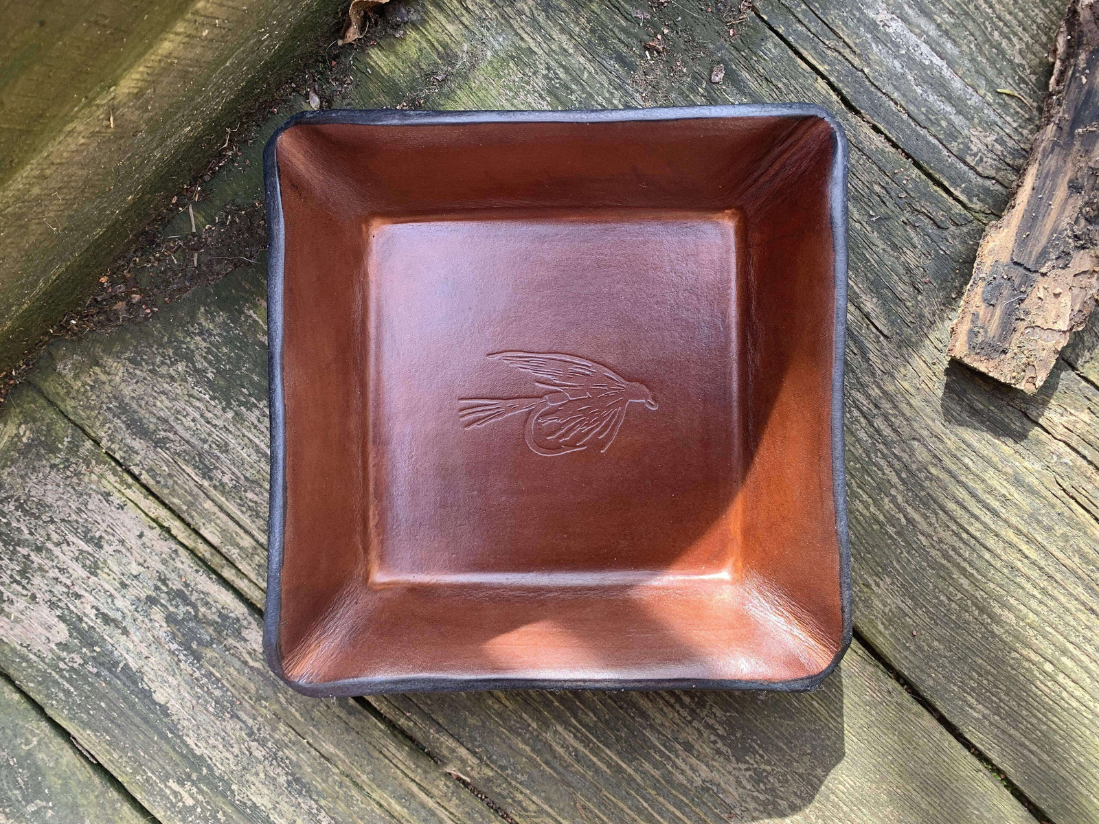 Leather desk tray. Fishing fly design.