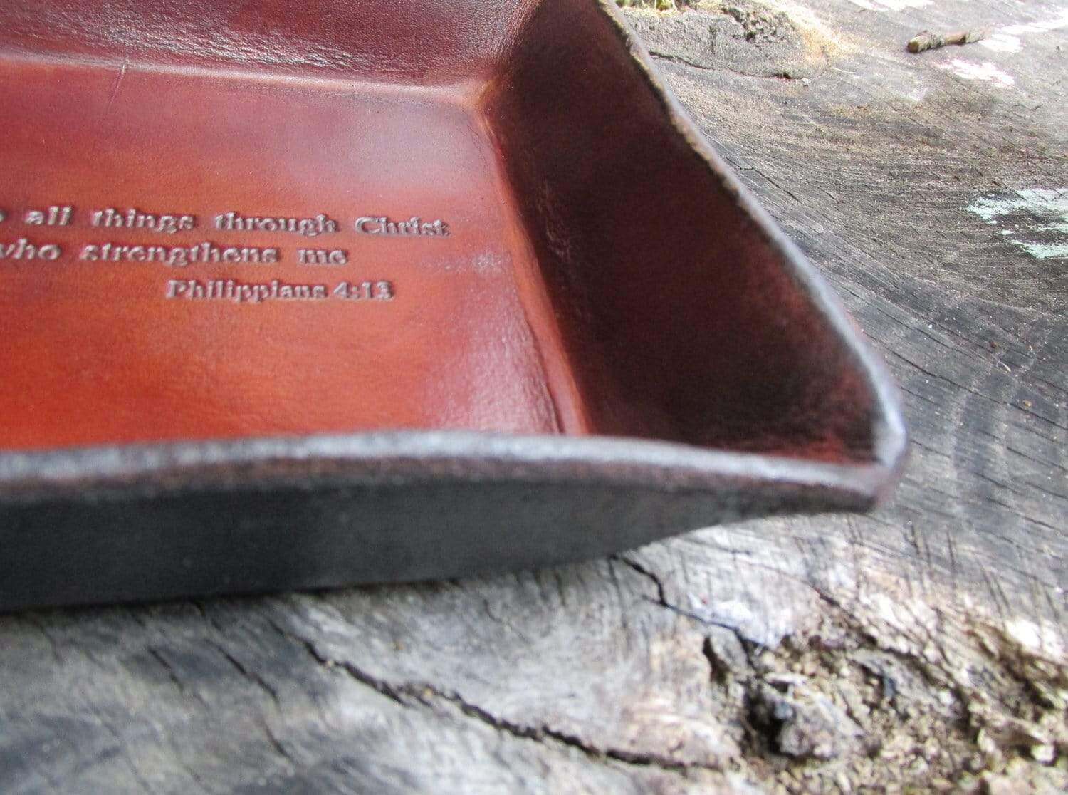 Philippians 4:13 leather tray side detail.