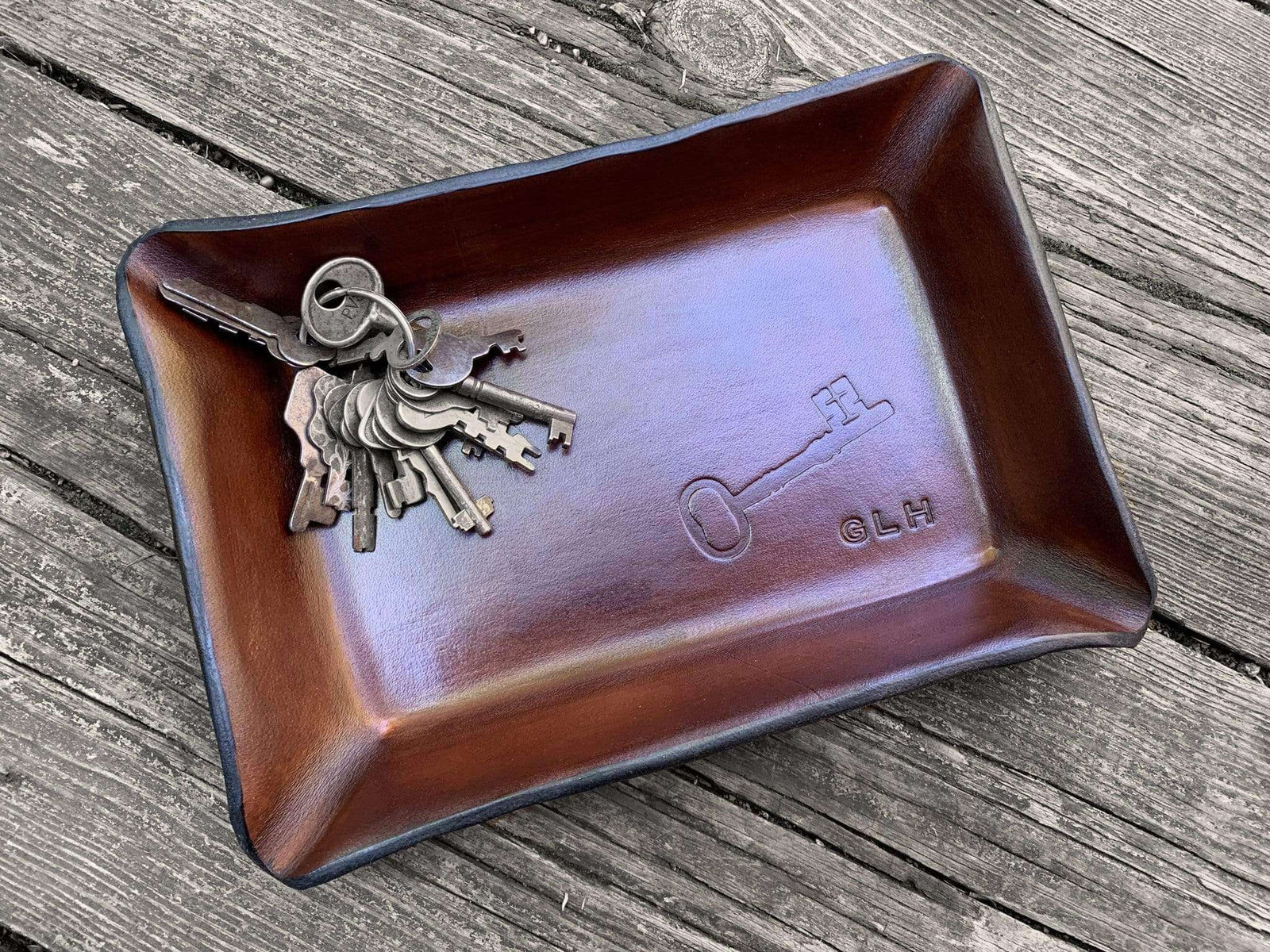 Leather Anniversary Gift Key Motif Valet Monogram. Keys Shown Inside.