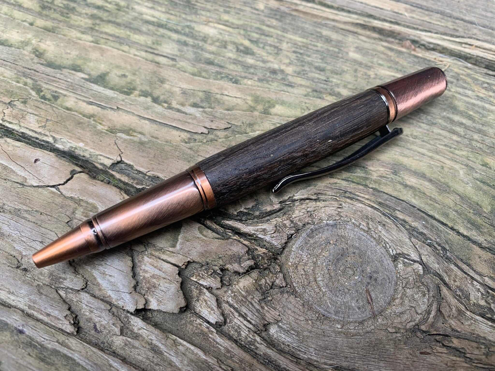 Detail of Irish bog oak and copper handcrafted pen. Gift Set