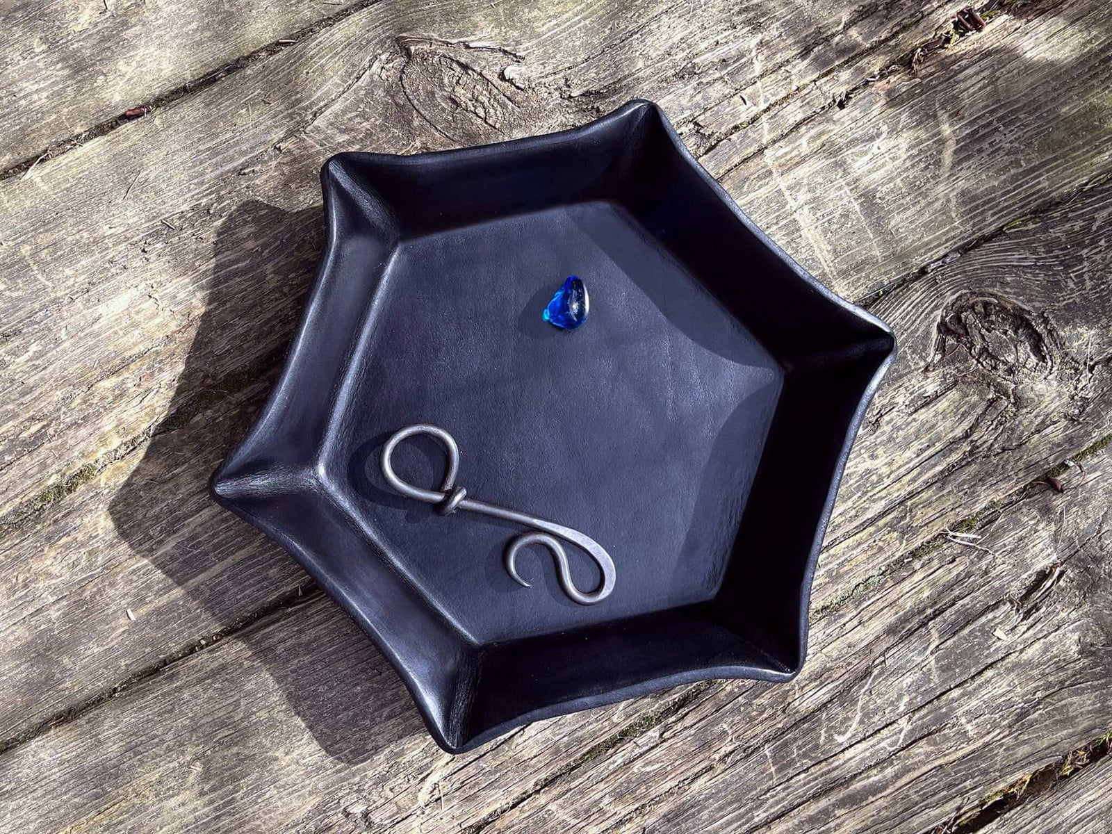 Black leather hexagonal valet tray