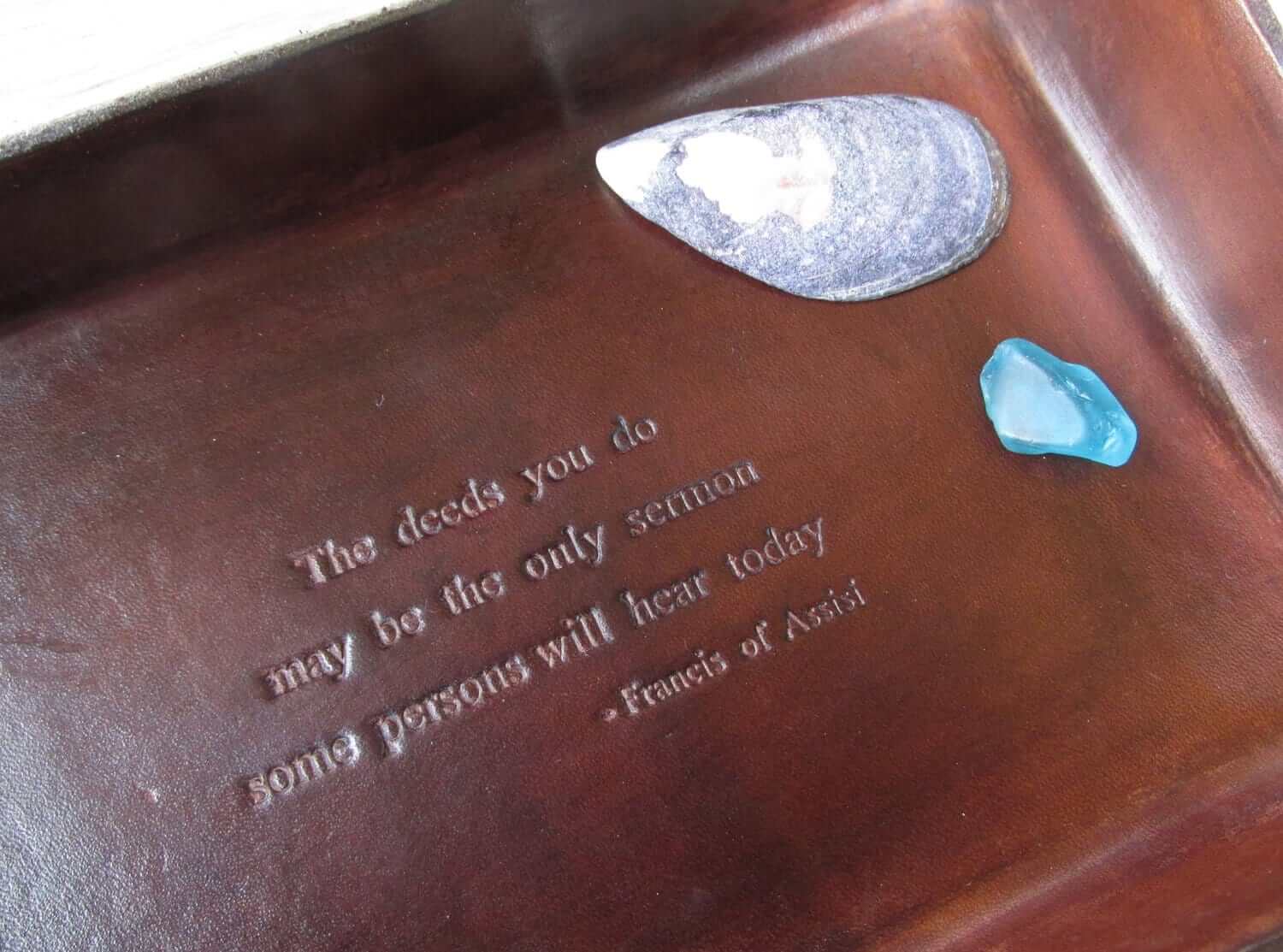 St Francis of Assisi leather desk tray. Leather tray detail.