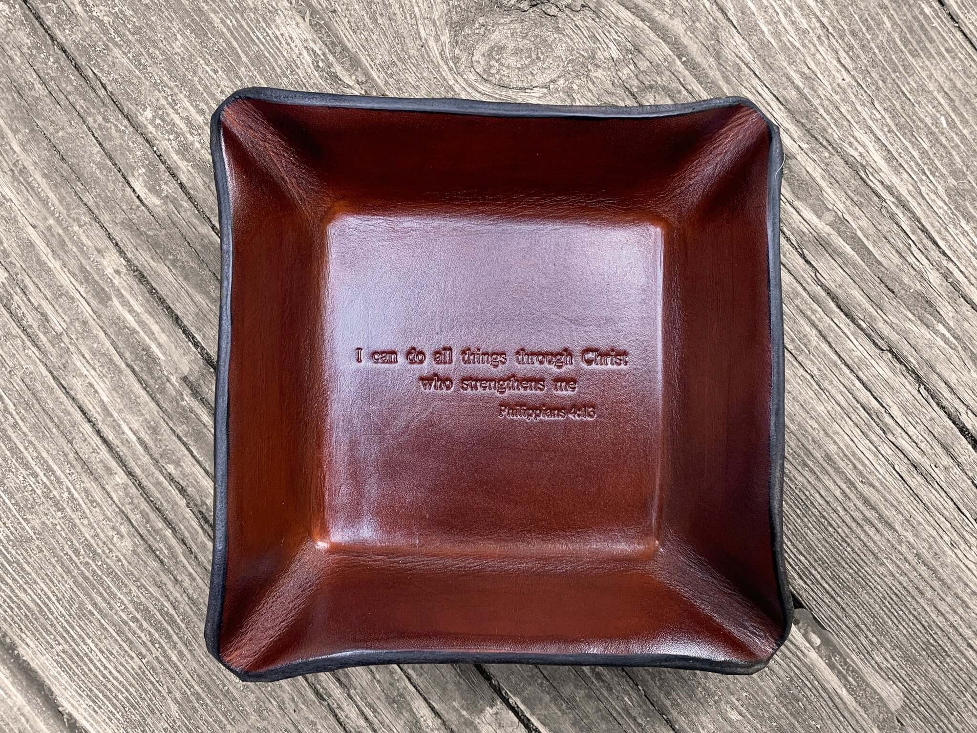Our Philippians 4:13 Leather Tray is a Great Gift for a Christian Milestone