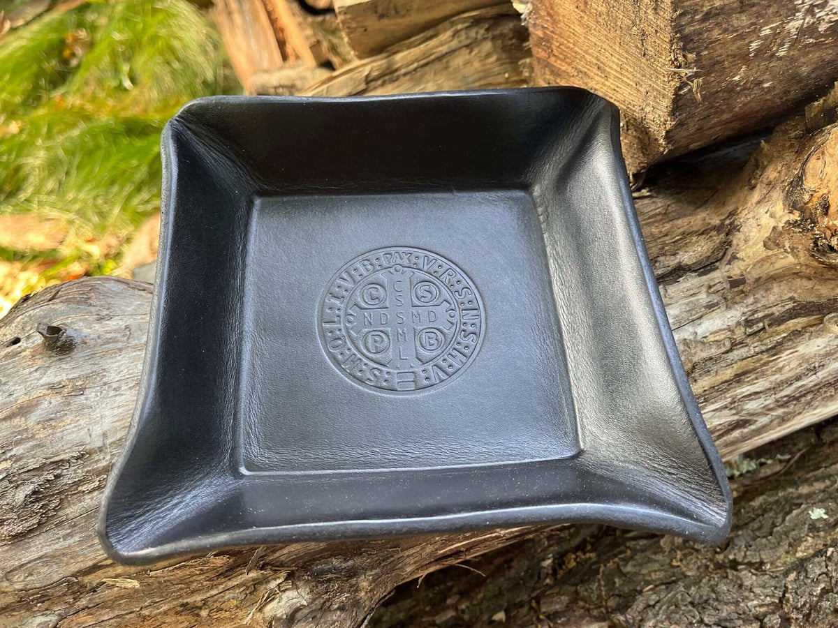 St. Benedict medal leather valet tray. Black leather