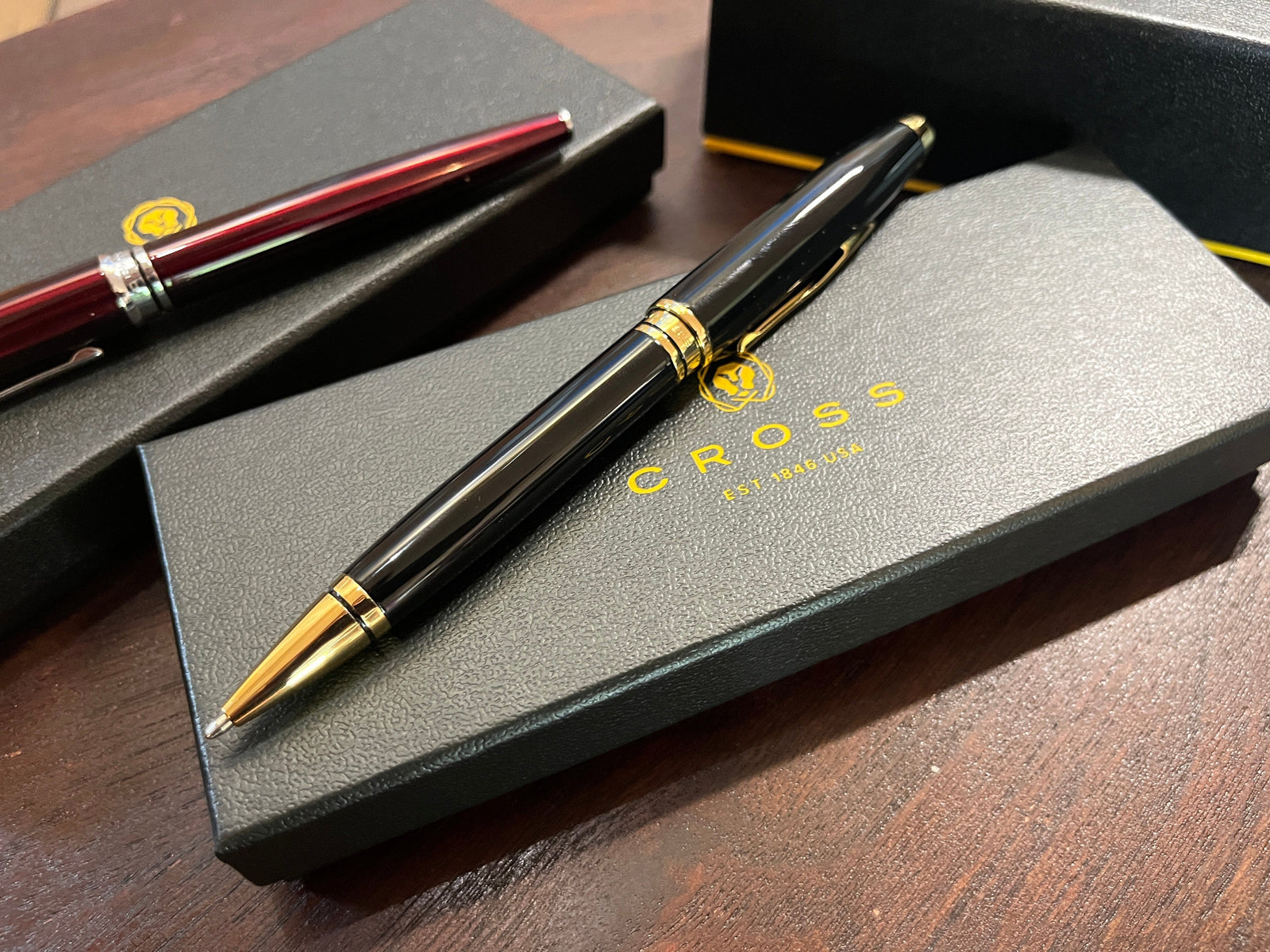 Black Lacquer and gold tone A.T. Cross pen shown with box