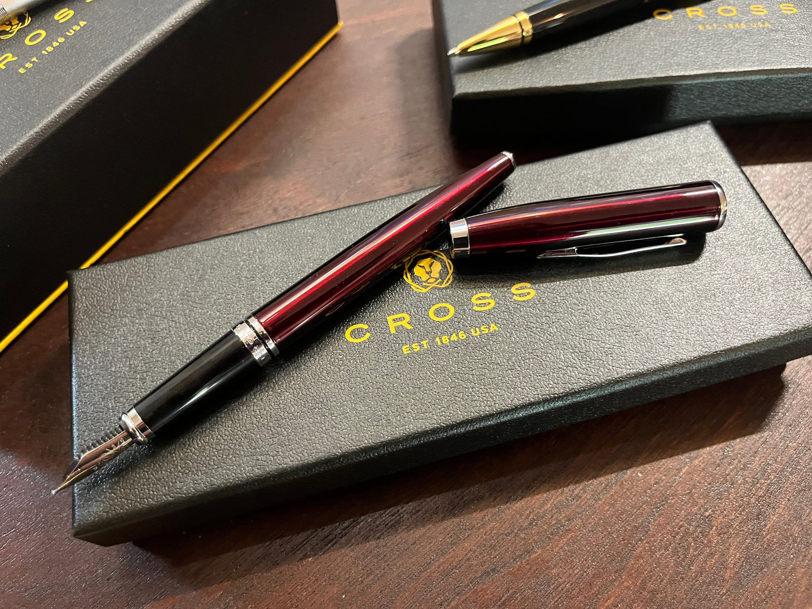 Red Lacquer A.T. Cross Fountain Pen shown on box