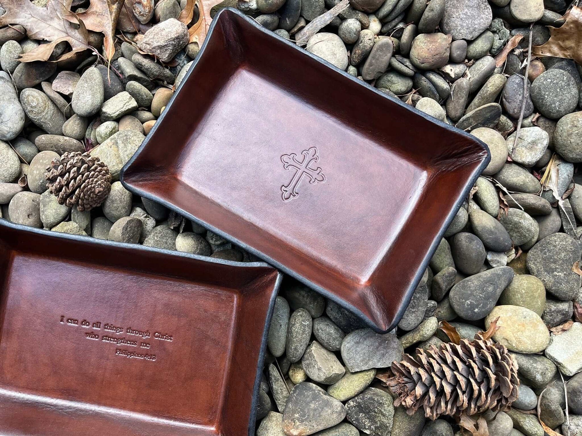 Rectangular valet trays with embossed cross and bible verse
