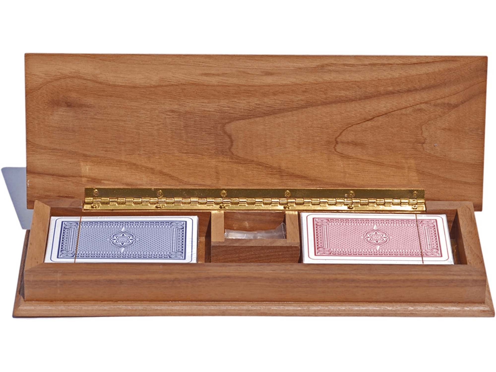 Interior detail of deluxe walnut wood cribbage set