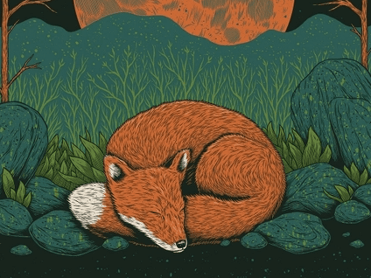 Detail from illustration of a fox lying down in a forest with a full moon in the background