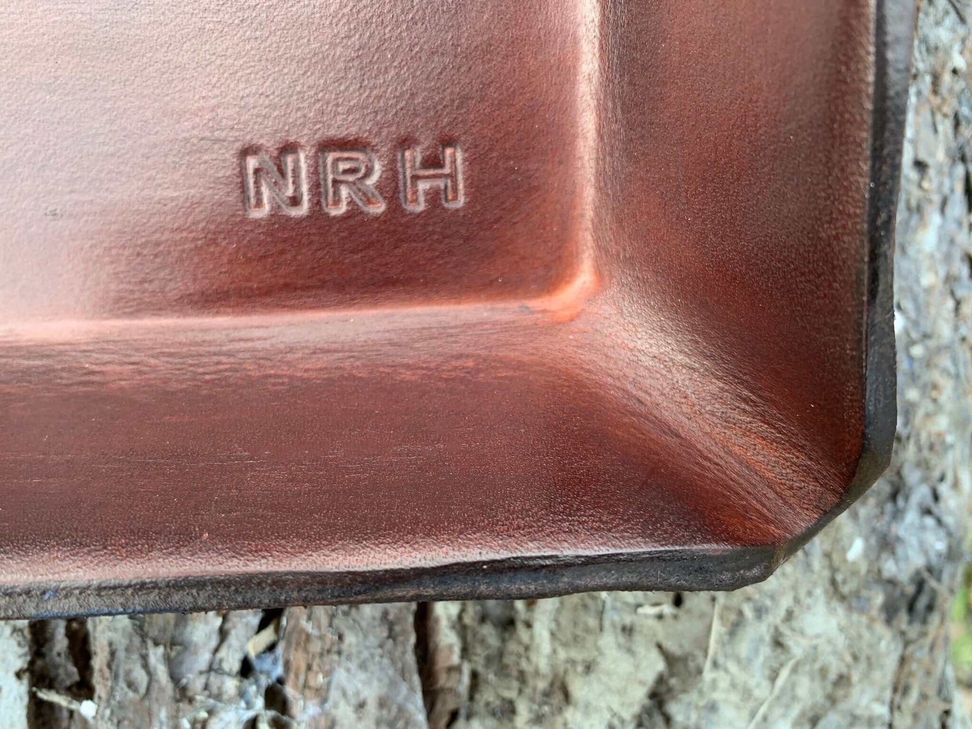 Detail of three letter monogram for rectangular Philippians leather tray 