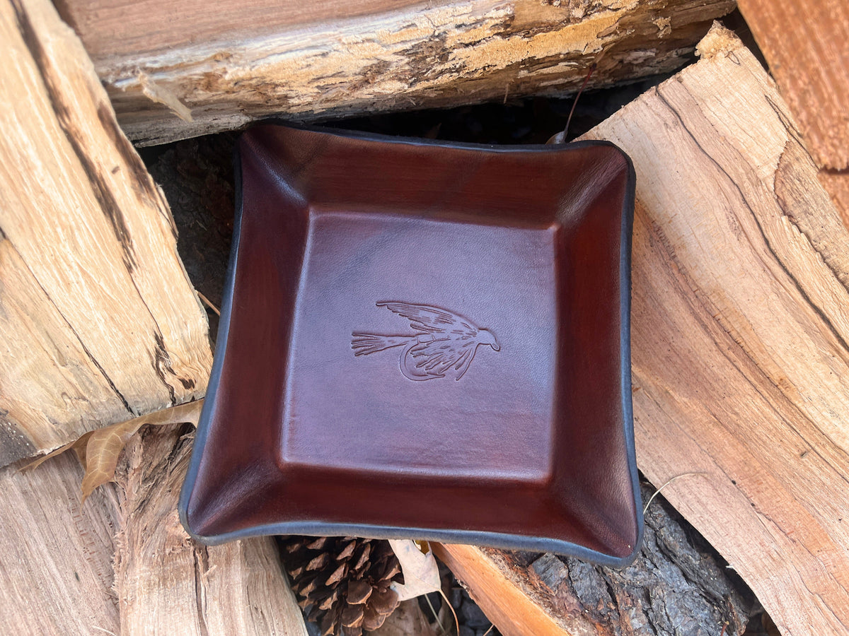 Fly fishing themed leather gift. Brown leather tray. 