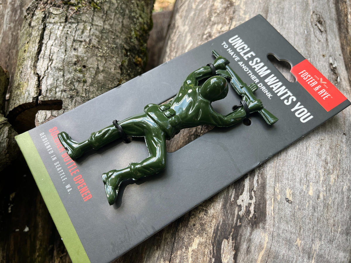 Foster and Rye green army man bottle opener shown with packaging