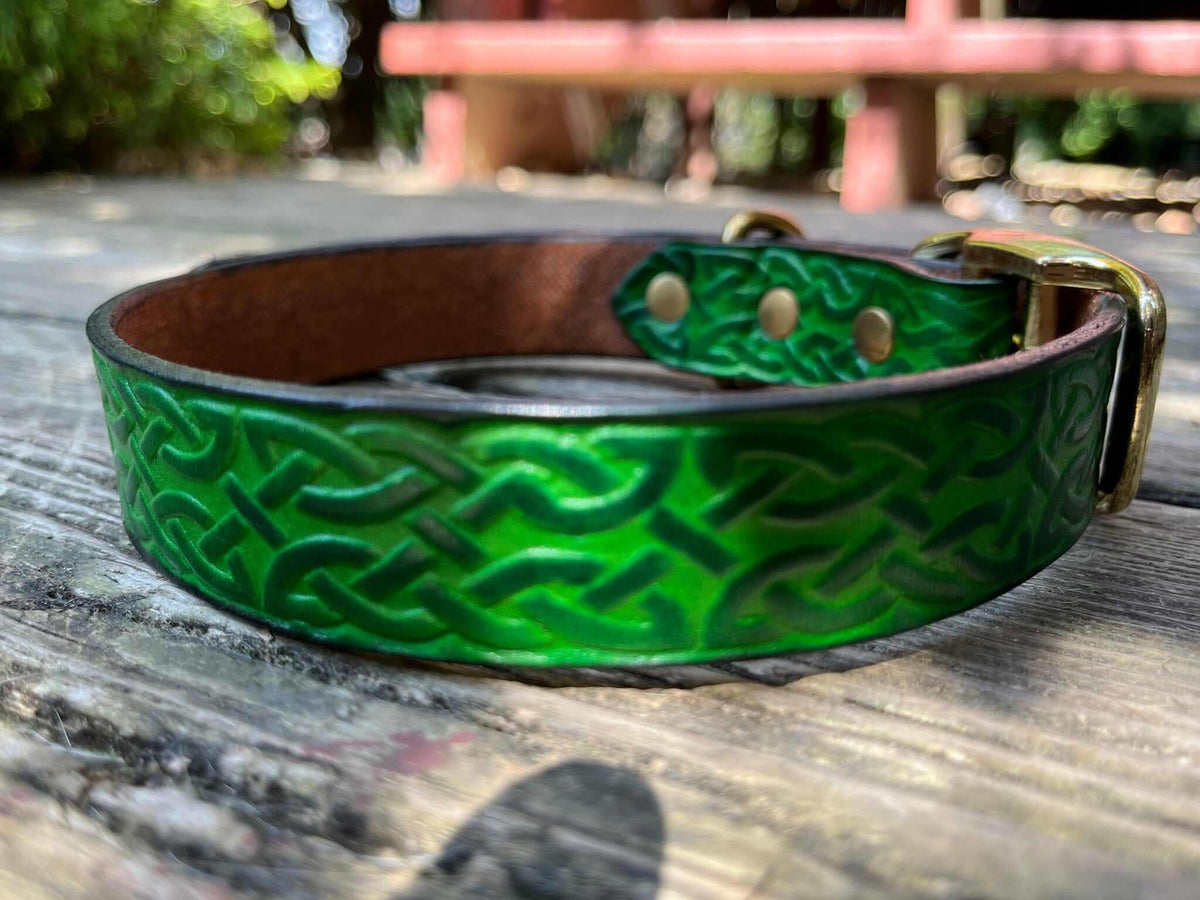 Forest green Celtic leather dog collar