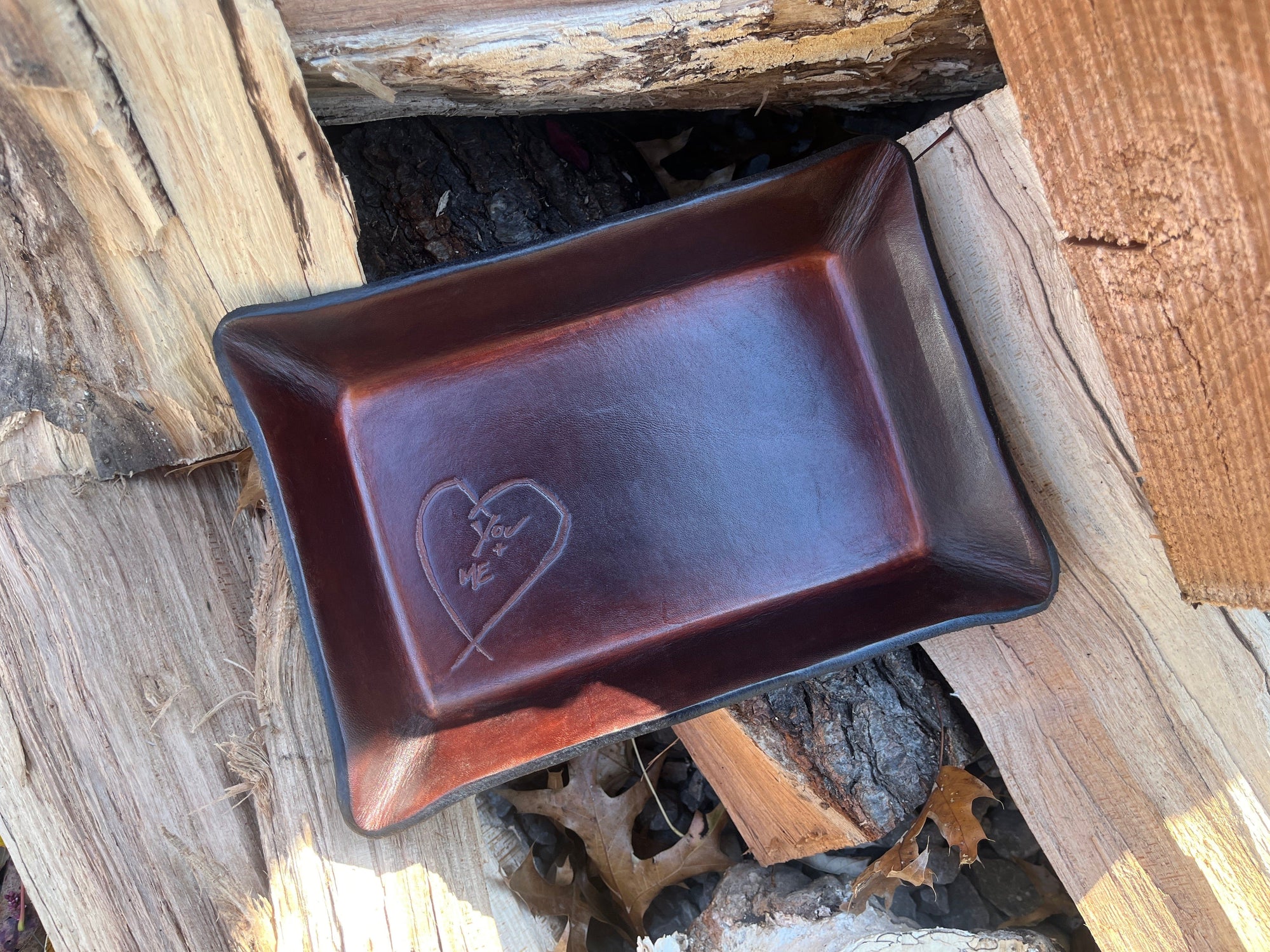 Ready to Ship You + Me Rectangular Leather Valet with Heart