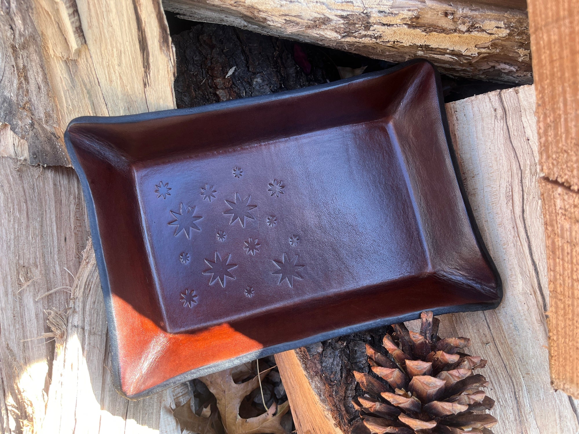 Ready to Ship. Leather Tray with Stars