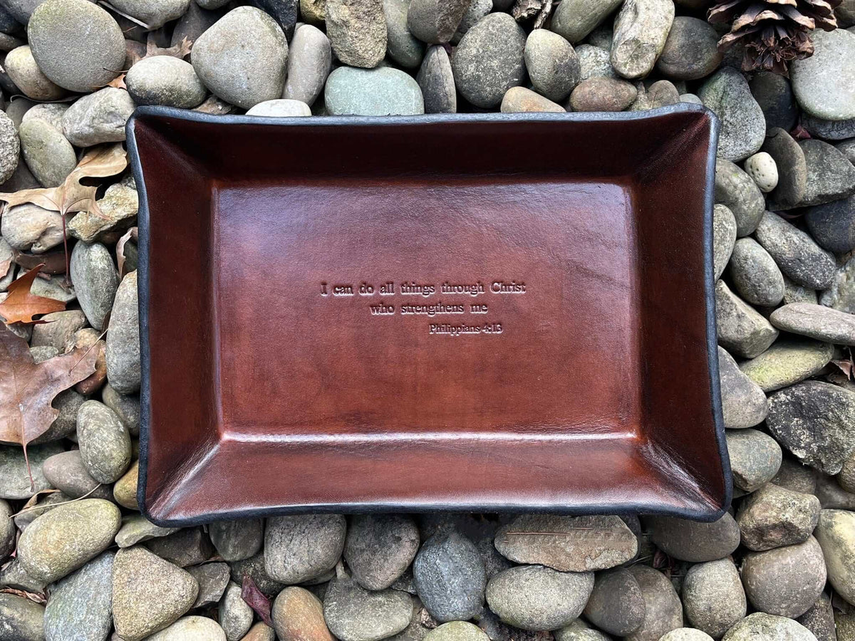 Leather tray with Philippians bible verse. Rectangular