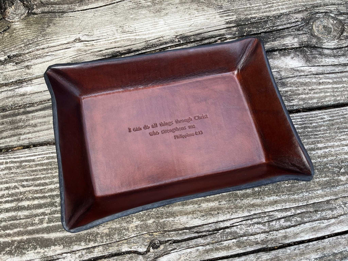 Rectangular leather tray with Philippians 4:13 bible verse