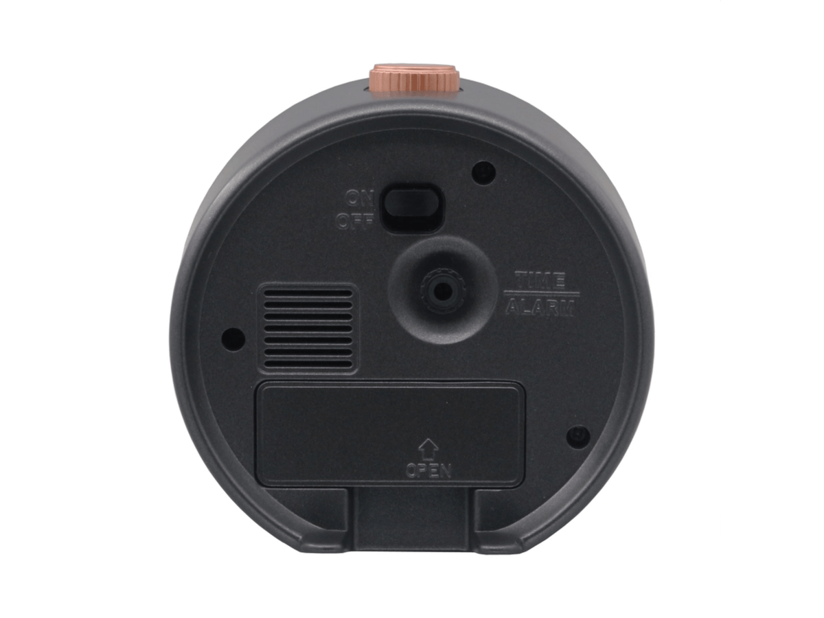 Back detail of Seiko Mai dive style alarm clock in black and metallic