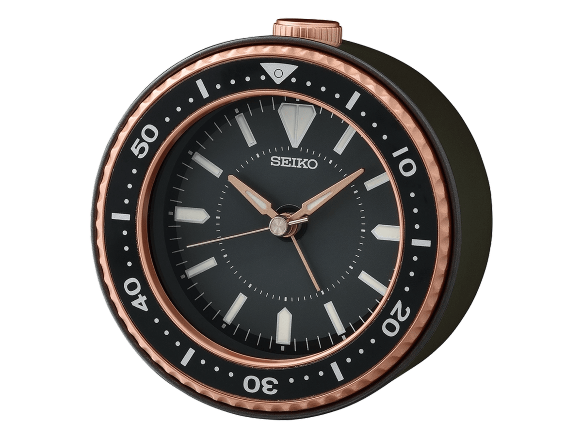 Front detail of Seiko Mai metallic and black alarm clock 