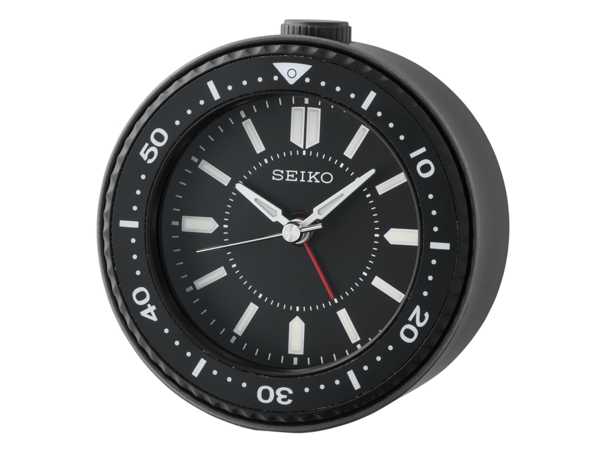 Front detail of Seiko Mai dive style alarm clock in black/black