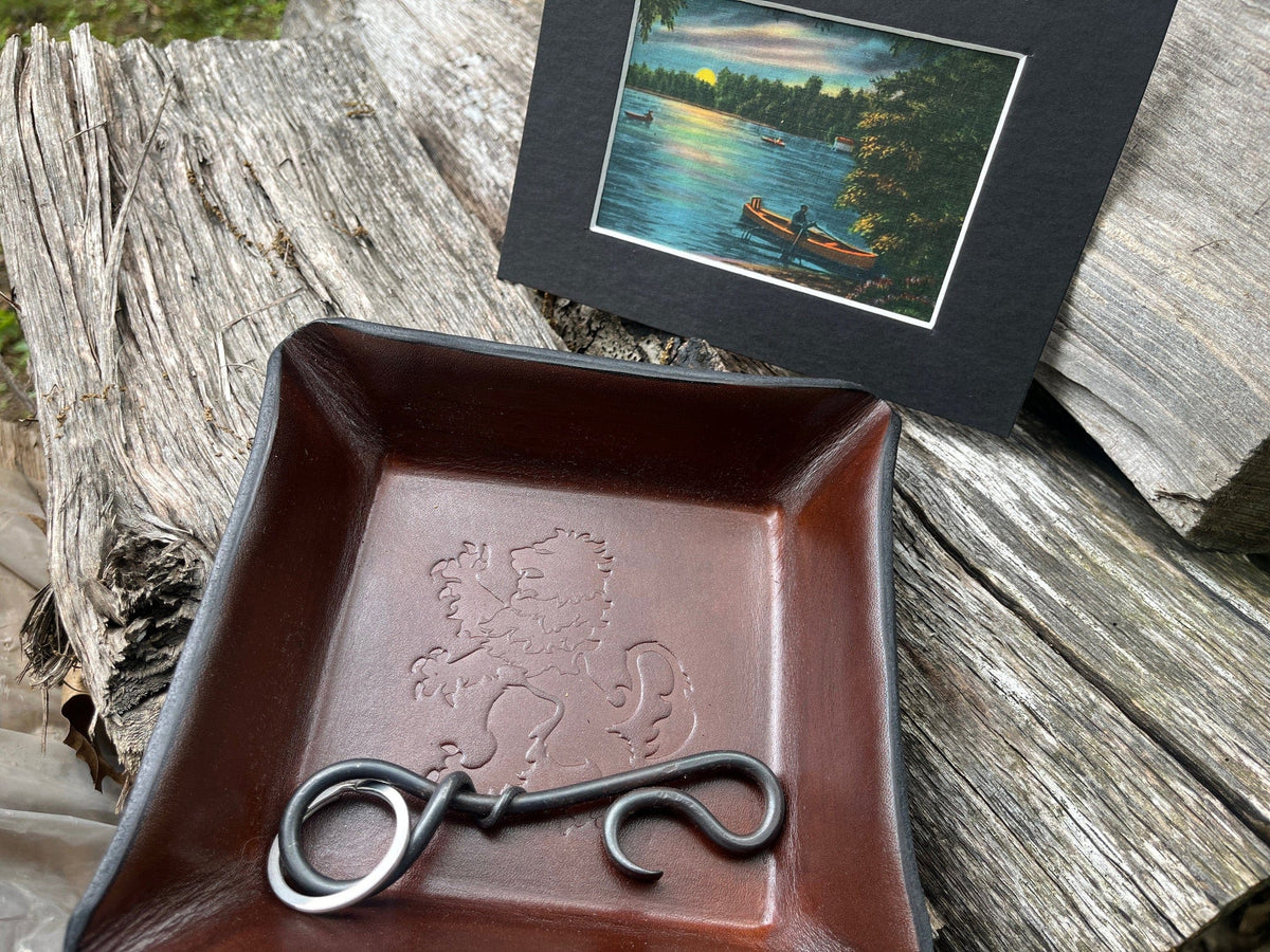 Small Print Gift Box with vintage canoe postcard, square leather tray and keychain