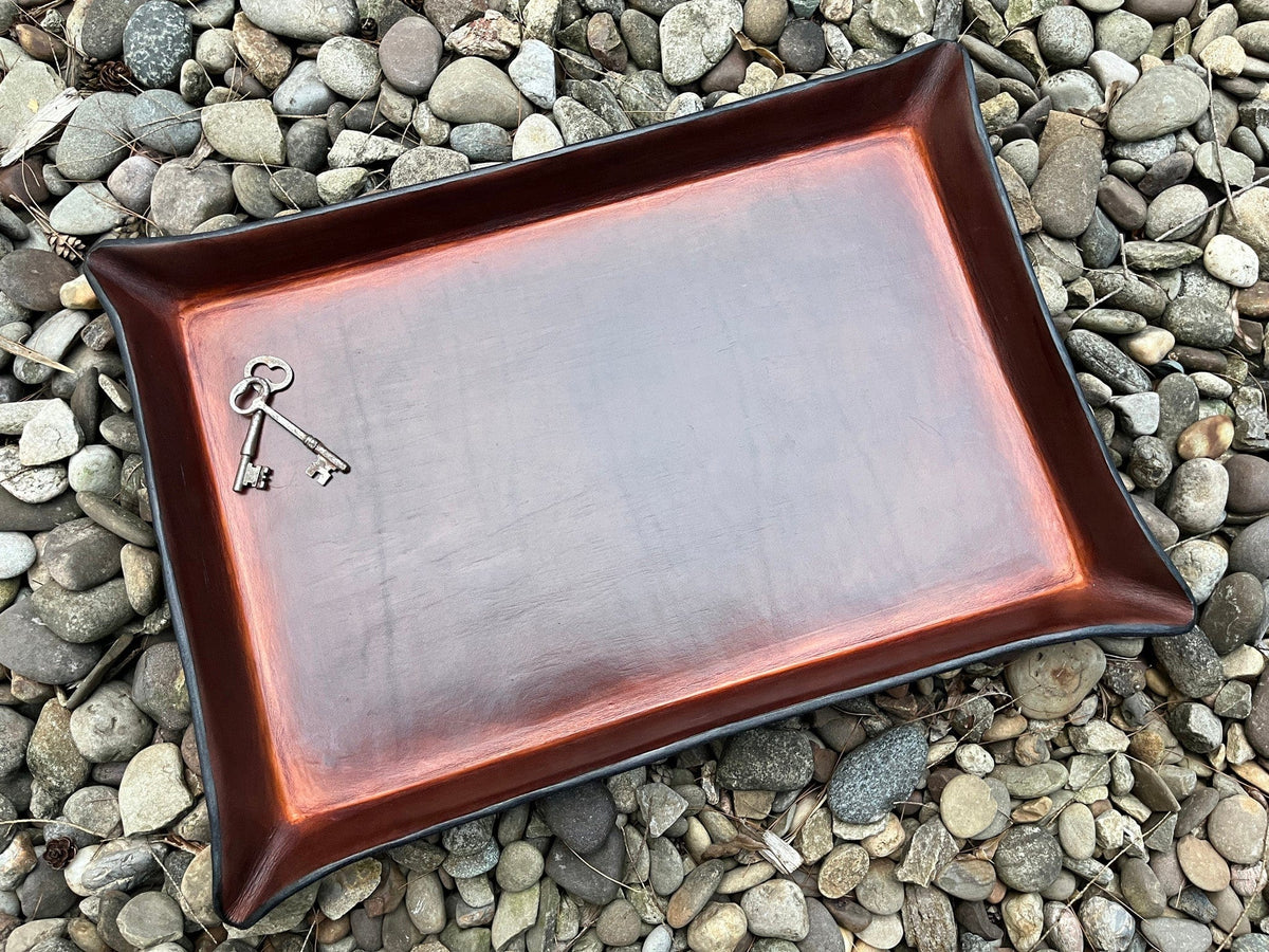 Extra large handcrafted leather valet in timber brown.