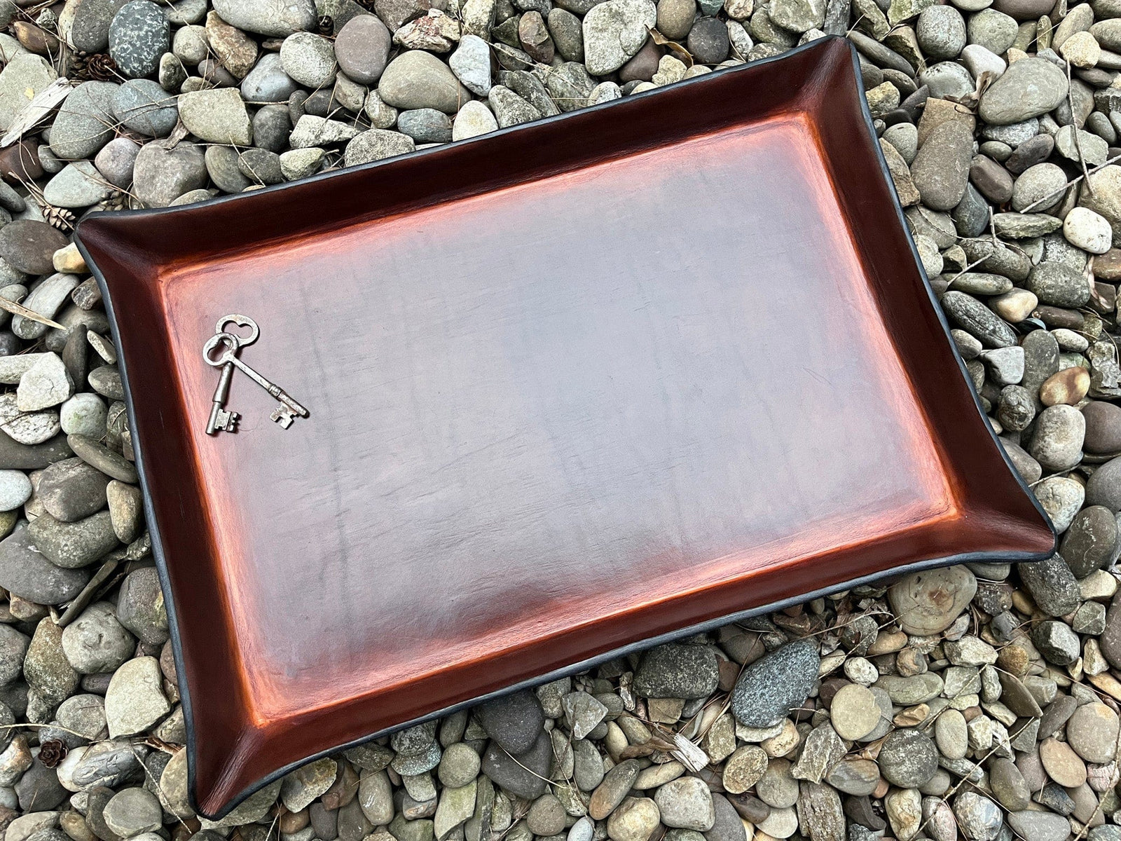 Extra large handcrafted leather valet in timber brown.