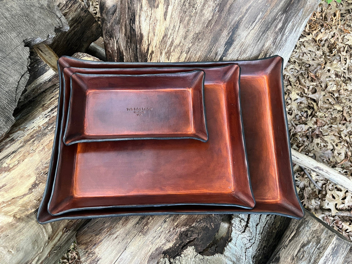 Timber Brown Leather desk trays by Twin Saints Leather shown in various sizes for comparison. 