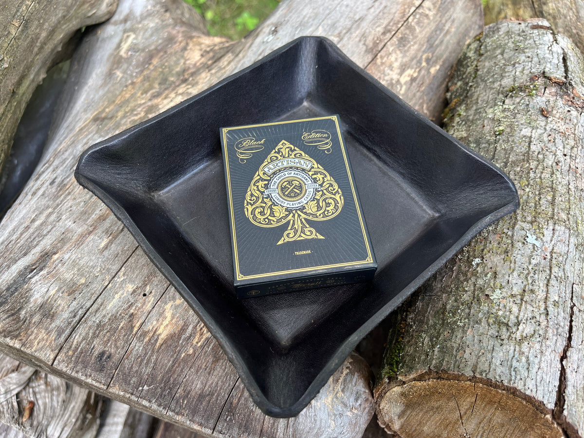 Gift set with Black Artisan playing cards and square leather valet tray