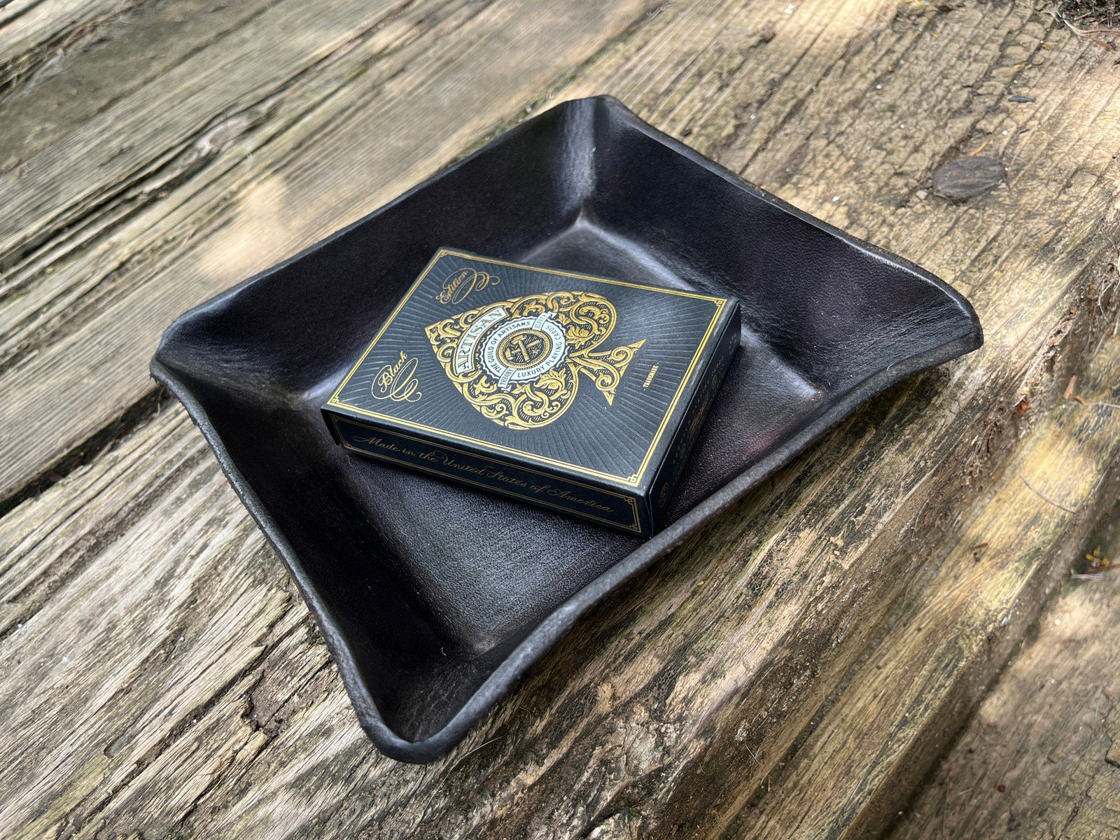 Artisan Playing Cards & Black Leather Tray Gift Set