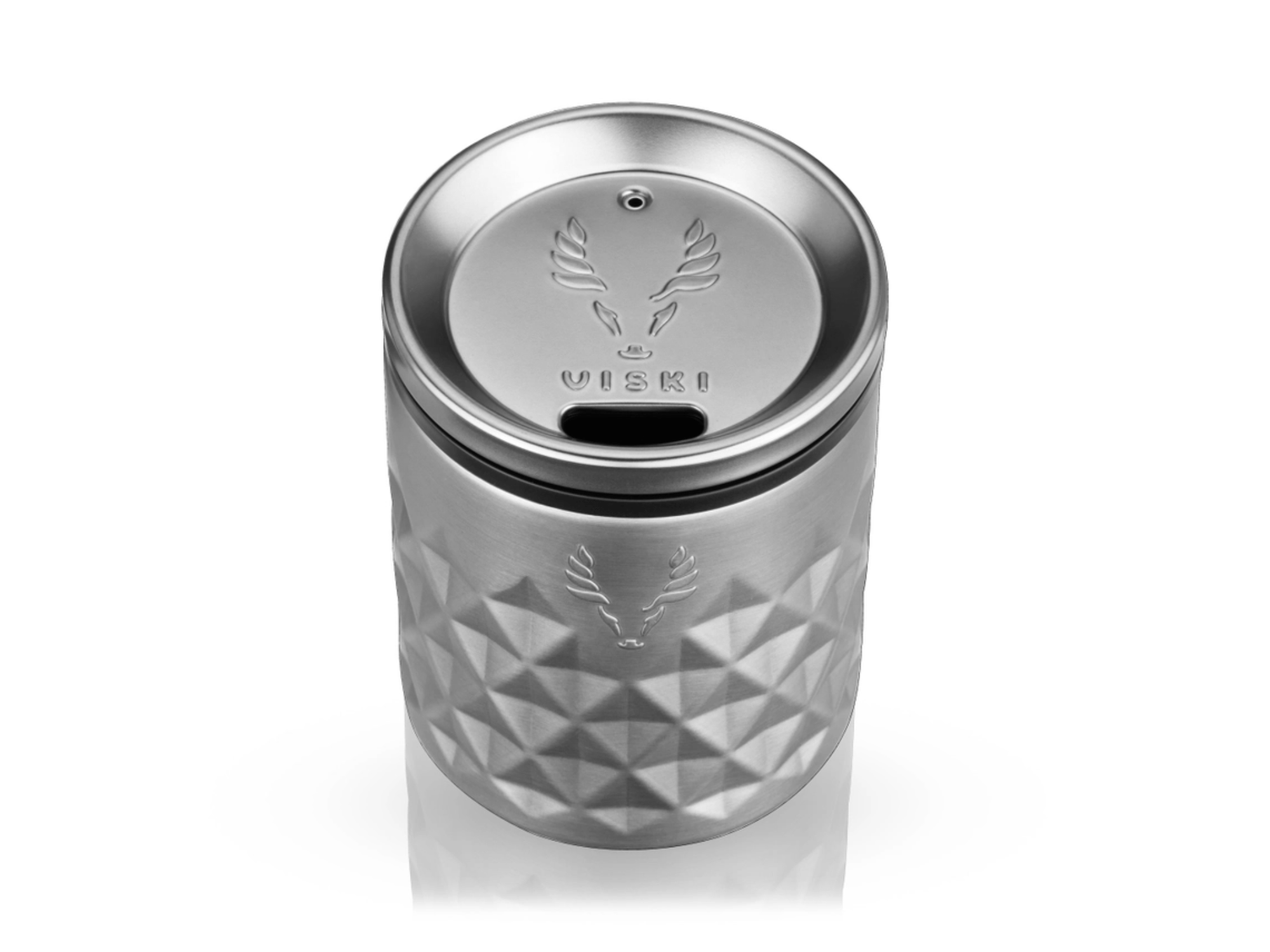 Detail view of Viski Paragon Rocks tumbler showing top view and logo