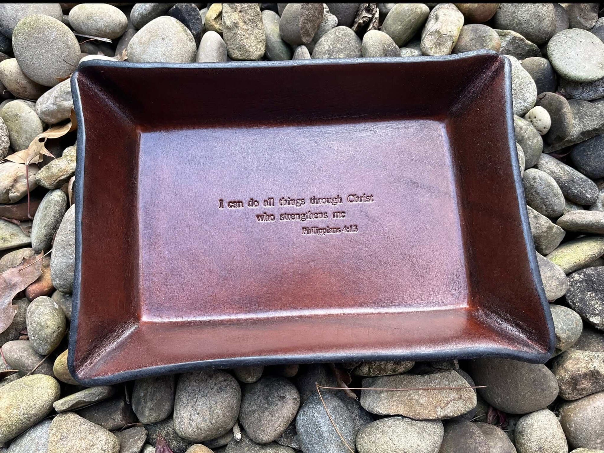 Philippians 4:13 rectangular leather valet tray.  Brown