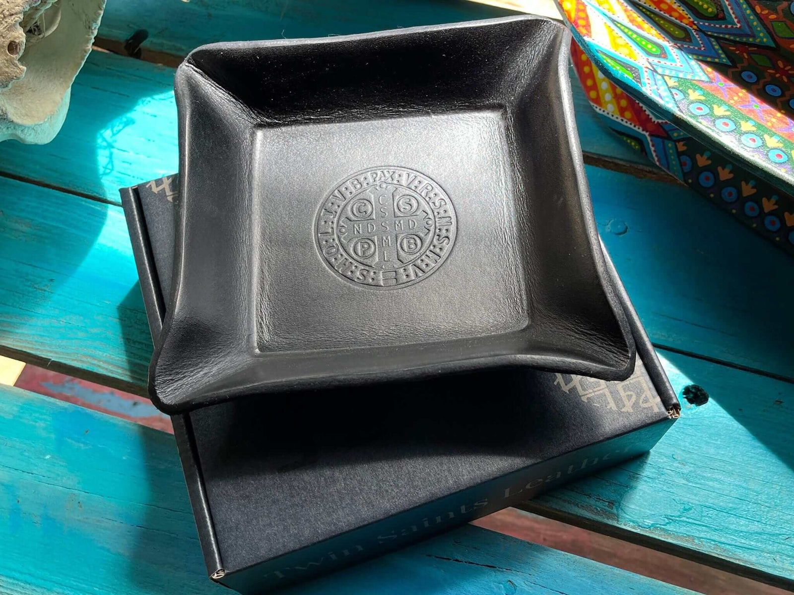 Black Saint Benedict leather tray