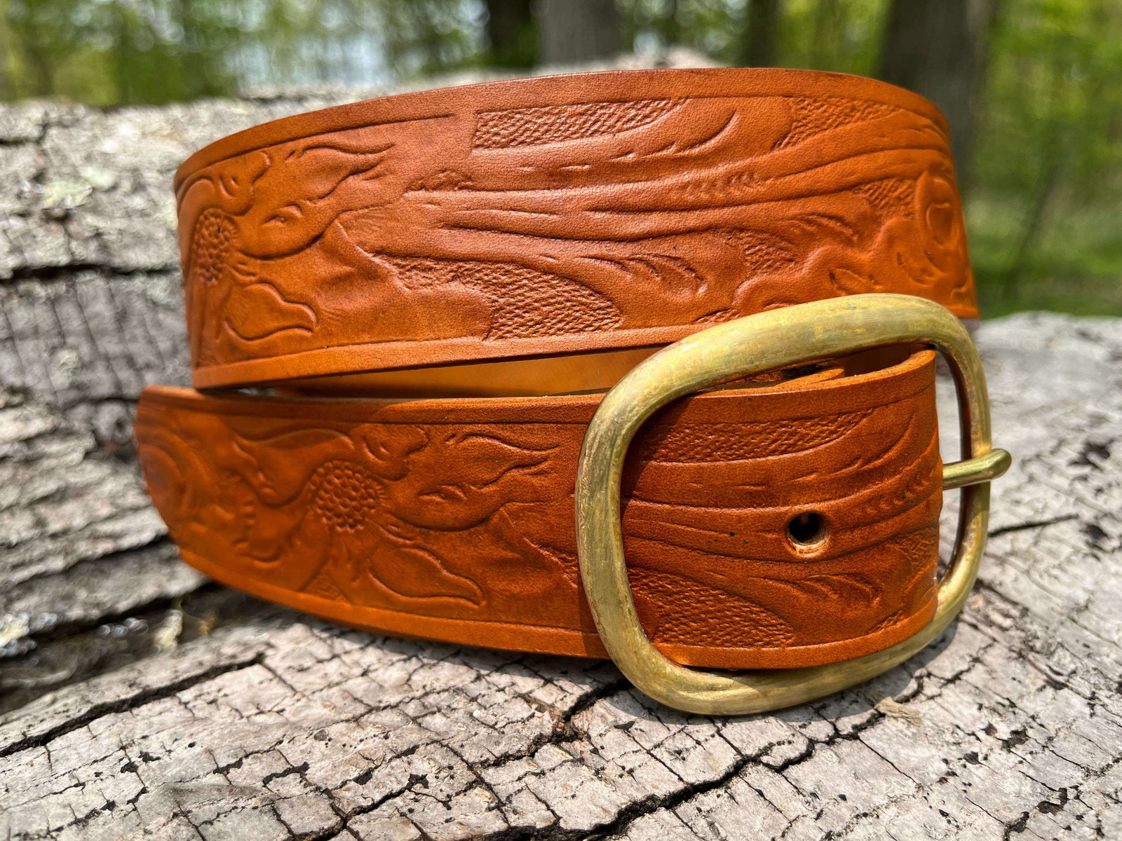 Closeup of handcrafted leather belt for jeans